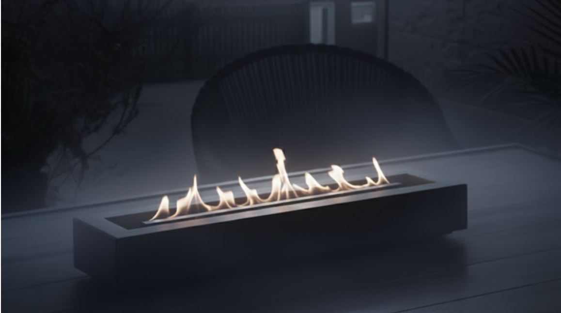 long gray alcohol tabletop firepit somber background gray dark 